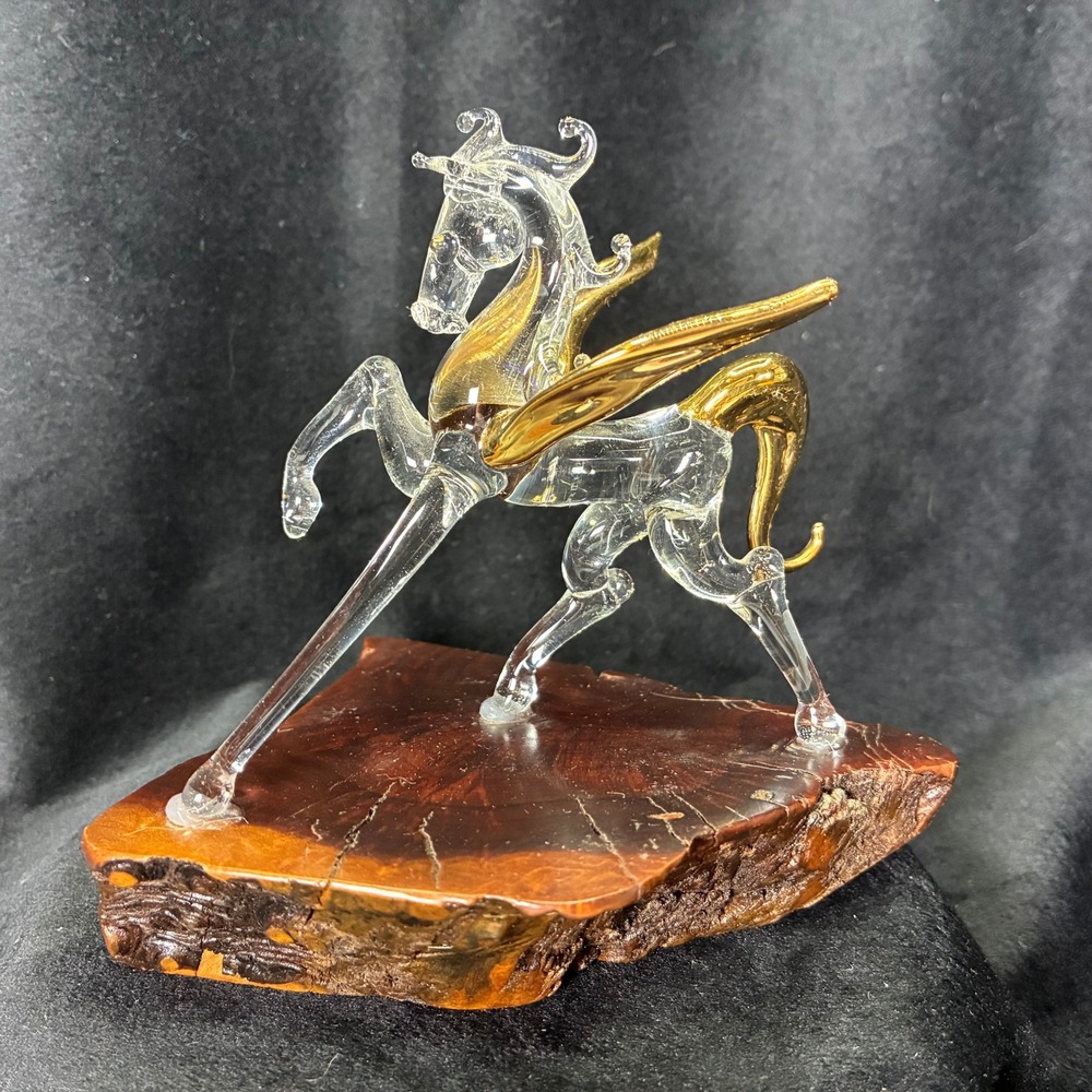Glass Masters Peddler's Village Pegasus Figurine Gold Accent Burl Wood Base 4.5"